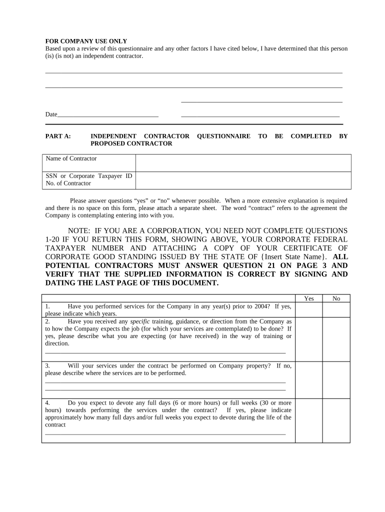 Self Employed Independent Contractor  Form
