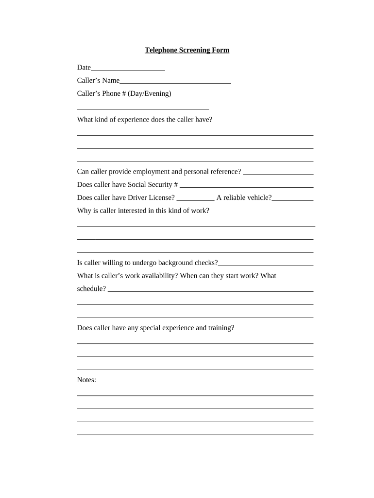 Telephone Screening Form Fill Out and Sign Printable PDF Template