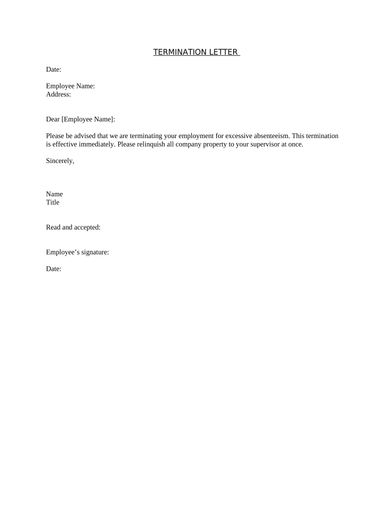 Termination Letter Excessive Absenteeism  Form
