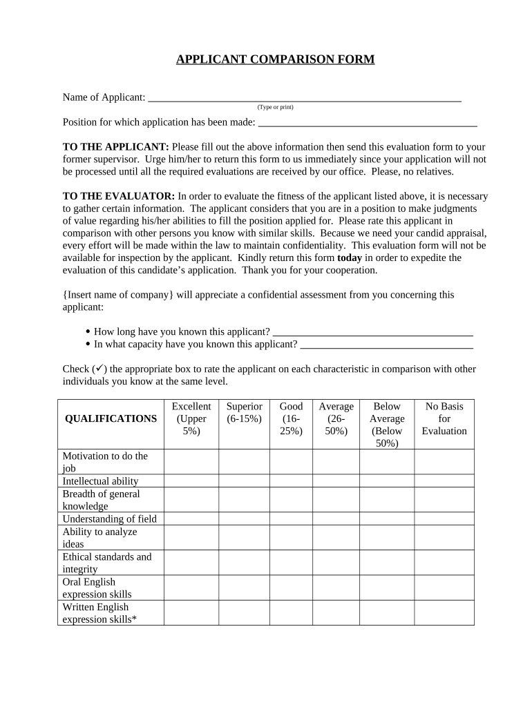 Fill and Sign the Applicant Comparison Form