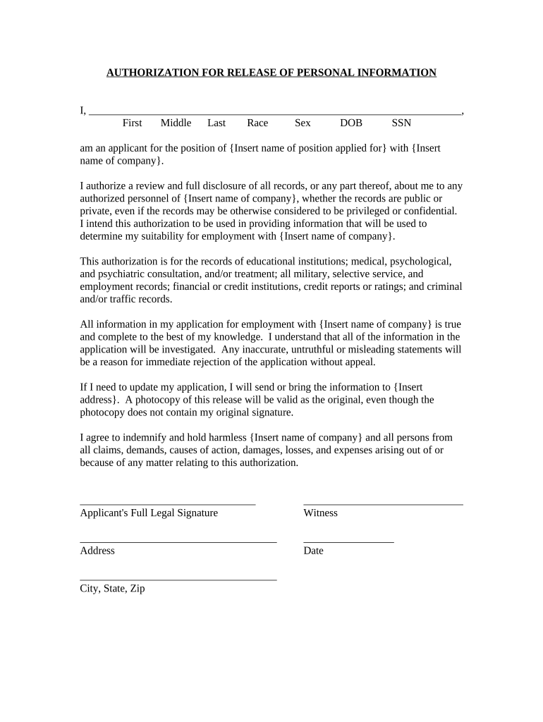 Release Personal  Form