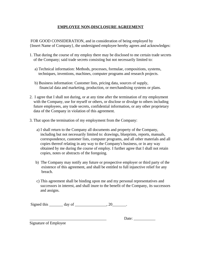 Employee Nondisclosure Agreement  Form