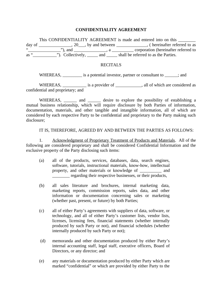 Confidentiality Agreement for a Potential Investor, Partner or Consultant Company  Form