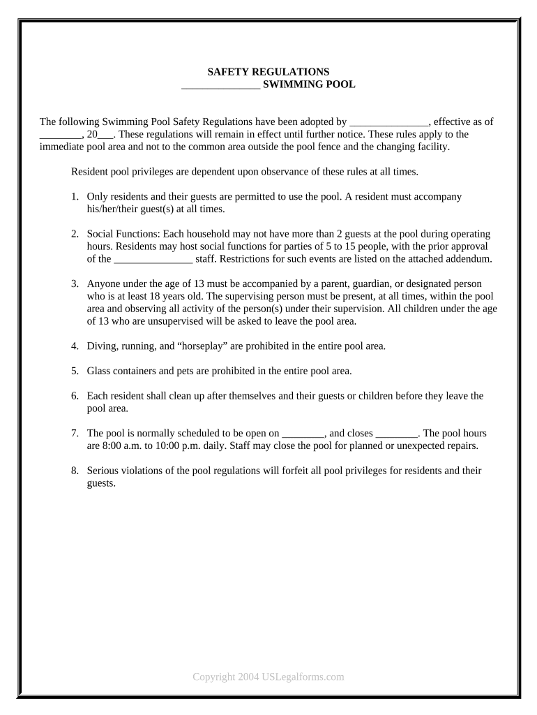 Apartment Complex Swimming Pool Policy  Form