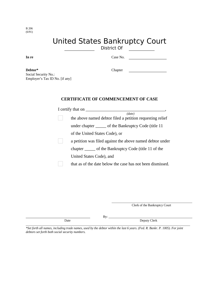 Certificate of Commencement Case B 206  Form