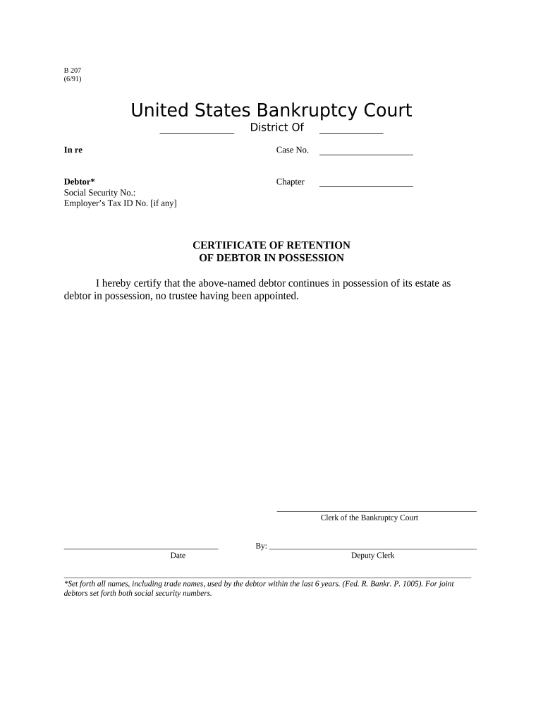 Debtor Possession  Form