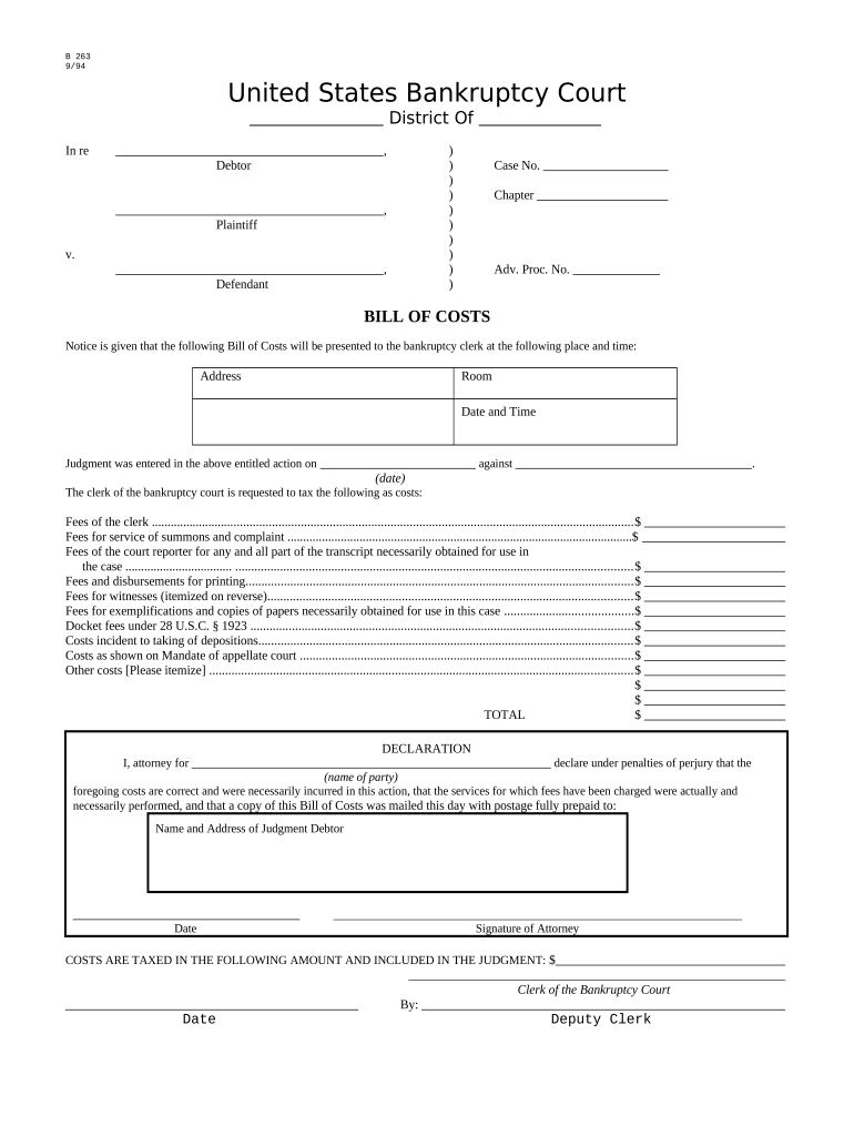 Bill of Costs B 263  Form