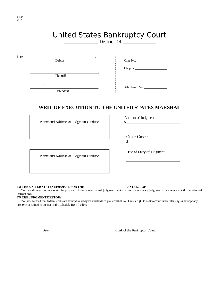 Writ of Execution to the United States Marshal B 264  Form