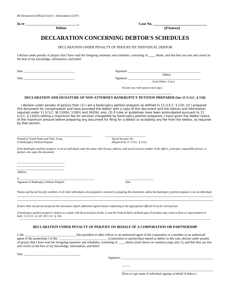 Declaration Concerning Debtors' Schedules Form 6SIG Post