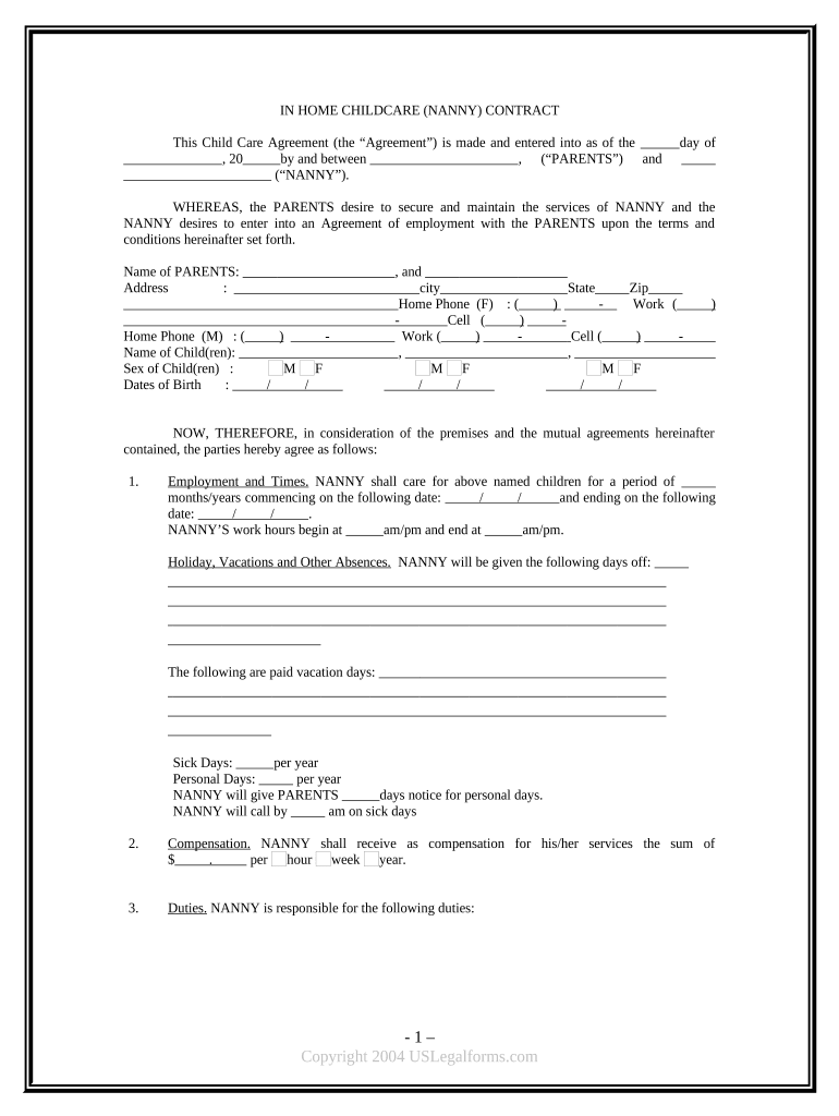 Home Childcare Contract  Form