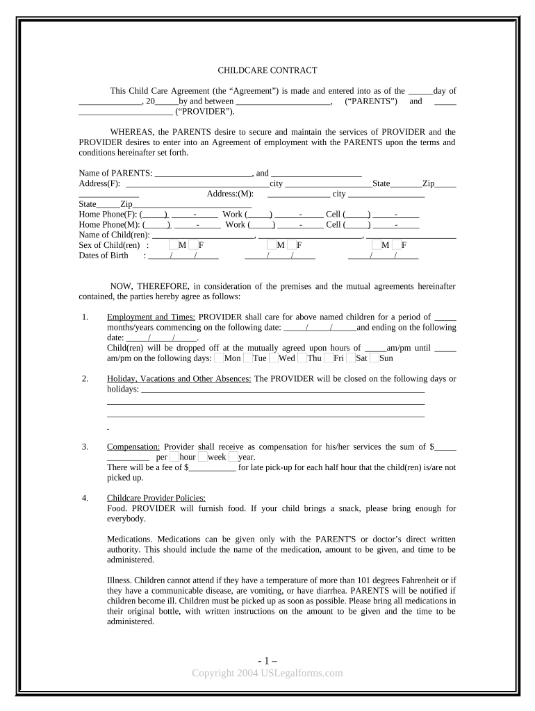 Fill and Sign the Child Care Contract Form