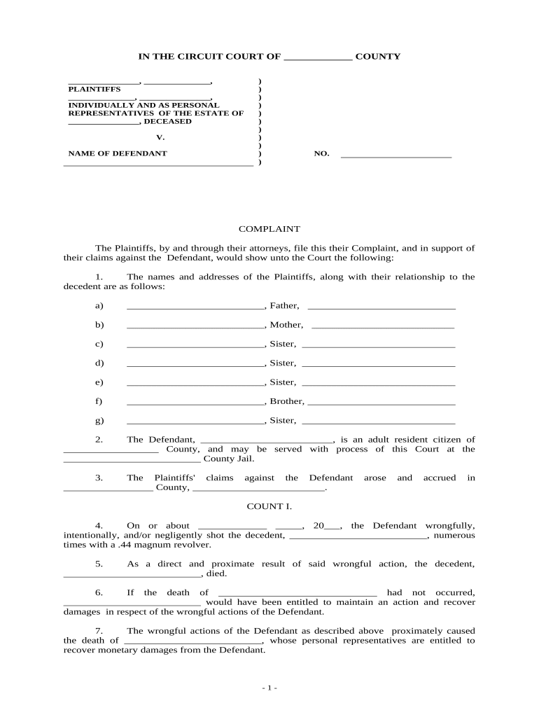 Wrongful Death Summons and Complaint  Form