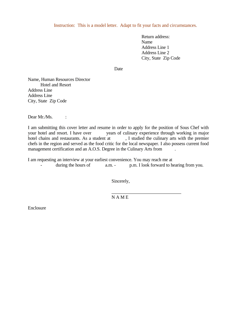 Resume Cover Letter for Chef  Form