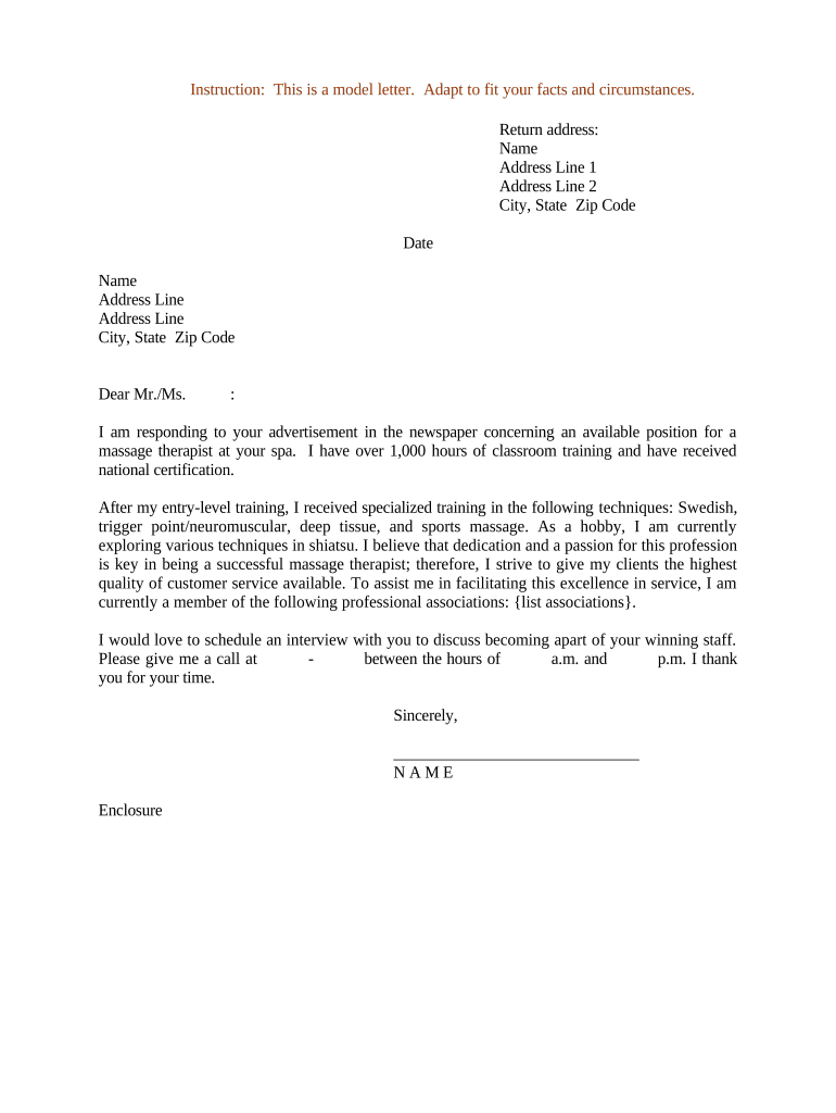 Resume Cover Letter for Massage Therapist  Form