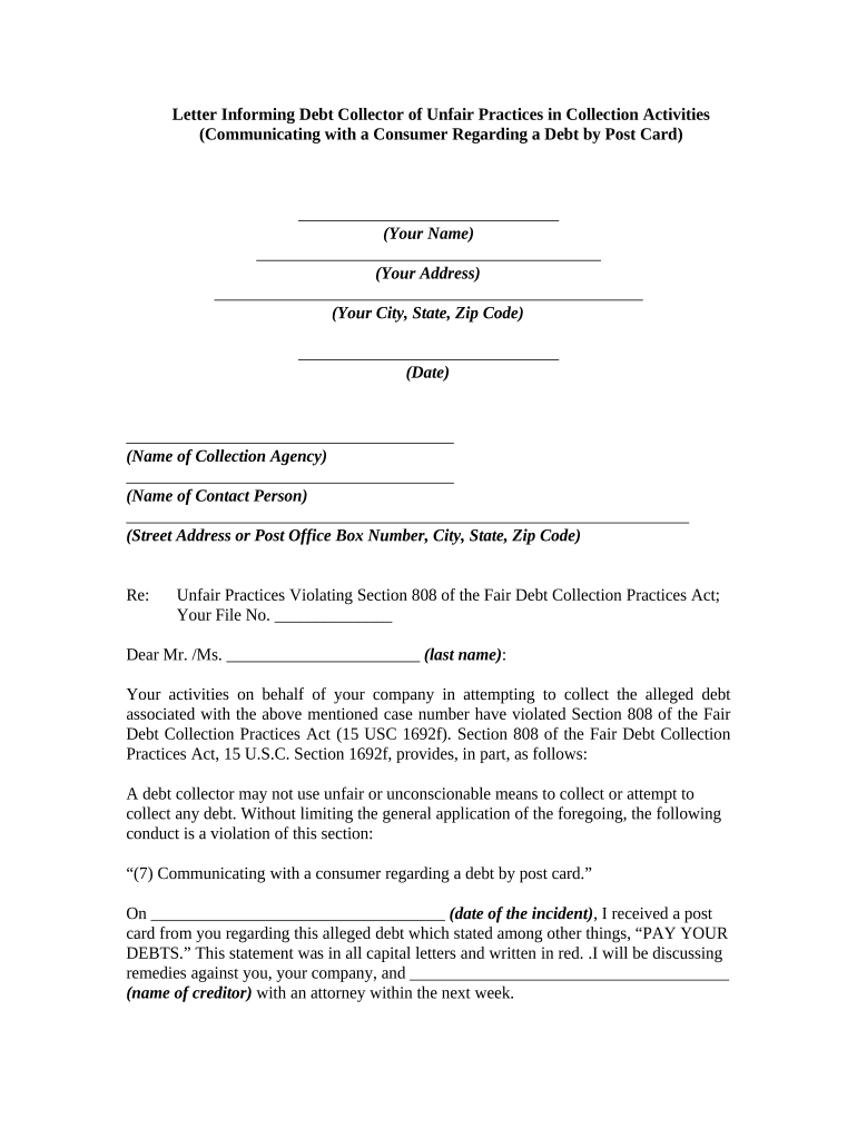 Letter Informing Debt Collector of Unfair Practices in Collection Activities Communicating with a Consumer Regarding a Debt by P