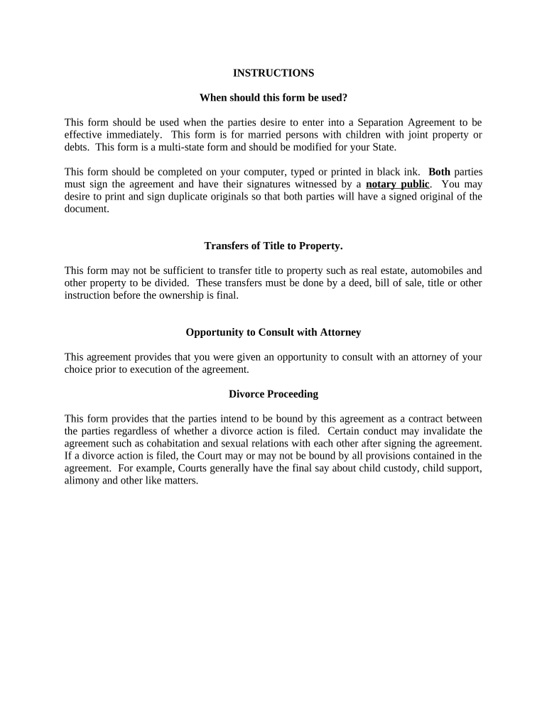 Marital Domestic Separation and Property Settlement Agreement Minor Children Parties May Have Joint Property or Debts Effective   Form