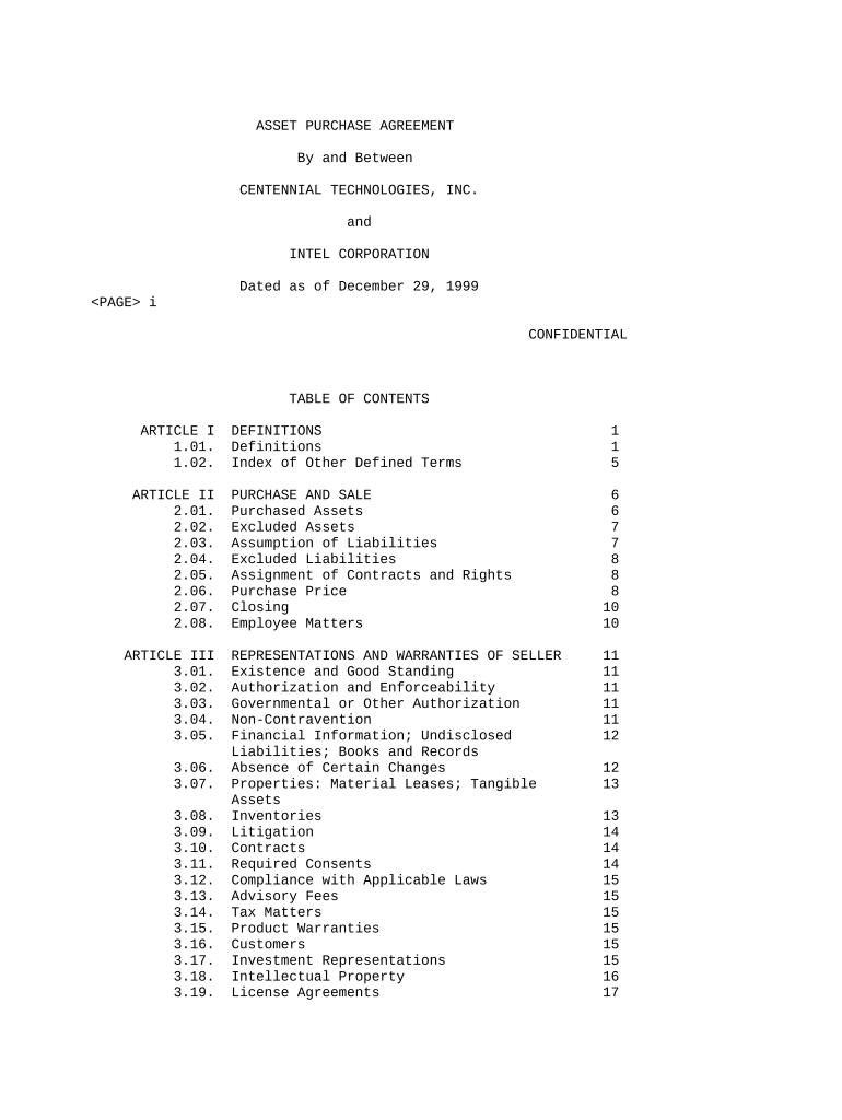 Asset Purchase Agreement  Form