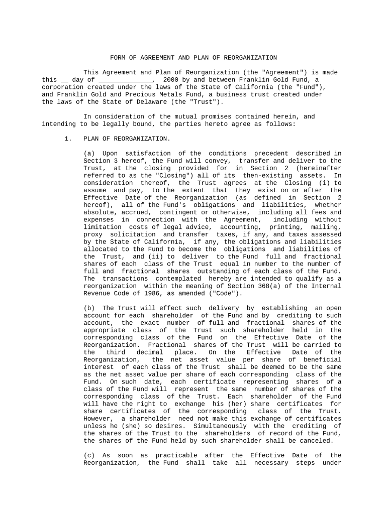 Plan of Reorganization between Franklin Gold Fund and Franklin Gold and Precious Metals Fund  Form