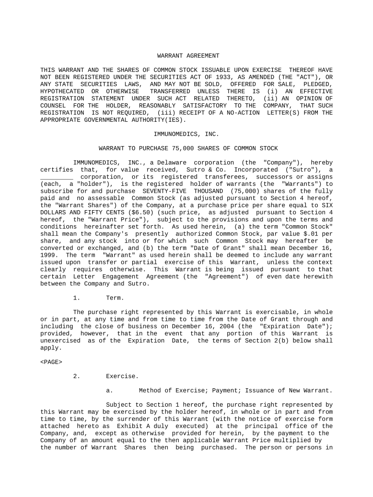 Warrant Purchase Stock  Form