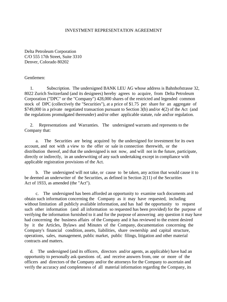 Investment Representation Statement  Form