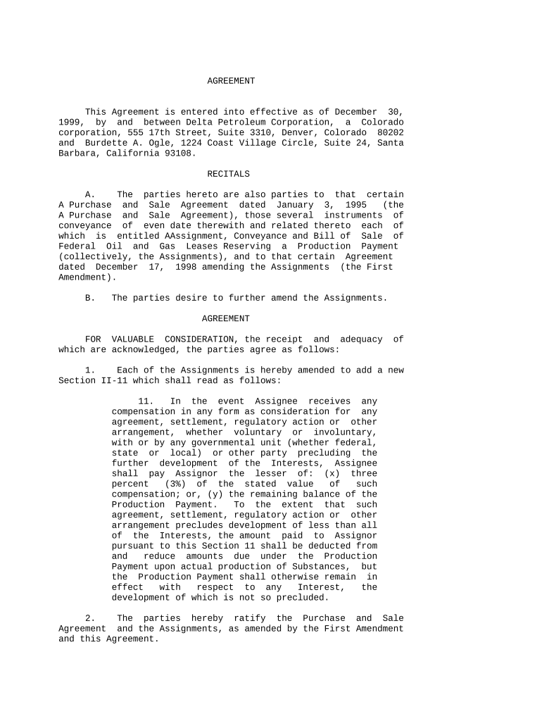 Agreement between Delta Petroleum Corporation and Burdette a Ogle  Form