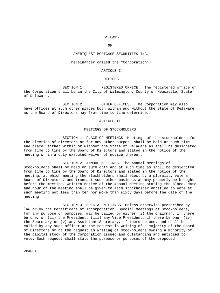 Bylaws of Ameriquest Mortgage Securities, Inc  Form