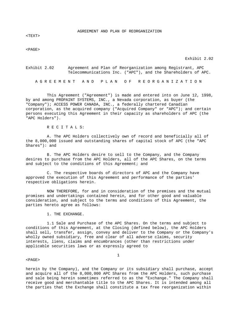 Plan of Reorganization of APC Telecommunications, and between Propaint Sys , Access Power Canada, Inc  Form