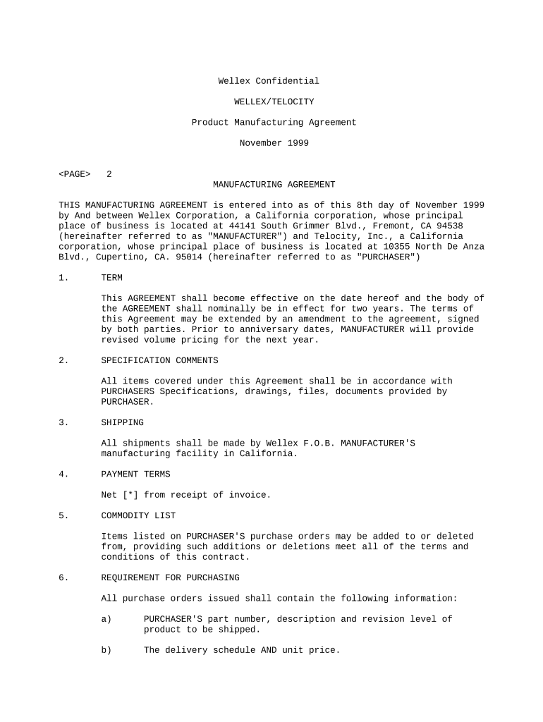 Manufacturing Agreement Form