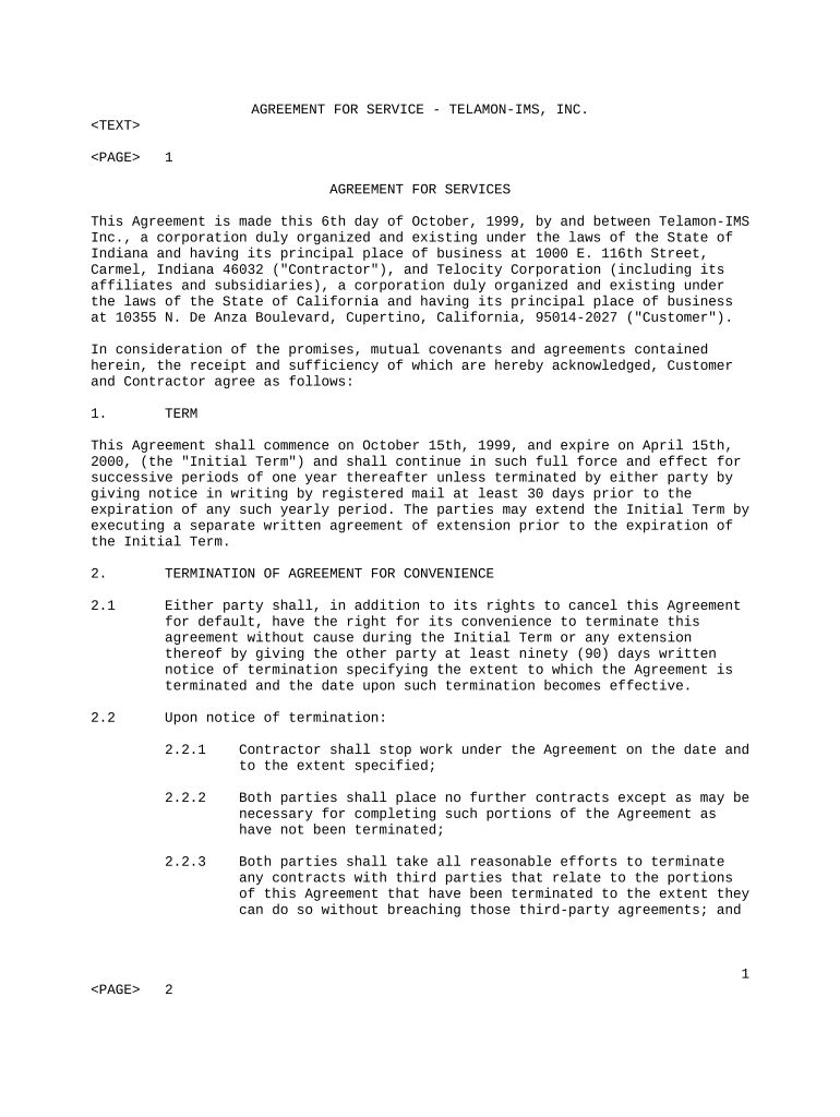 Services Agreement between Telamon IMS, Inc and Telocity Corporation  Form