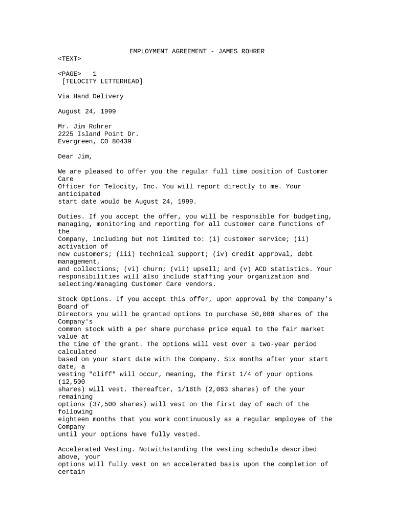 Sample Employment Agreement between Telocity, Inc and Customer Care Officer  Form