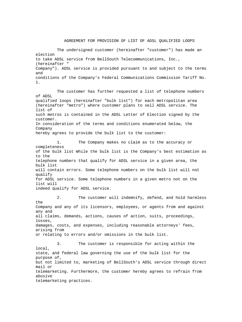 Provision of List of ADSL Qualified Loops Agreement  Form