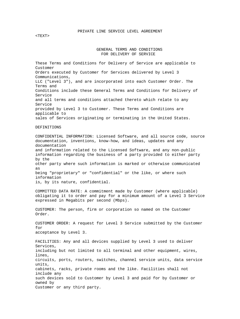 Private Line Service Level Agreement  Form