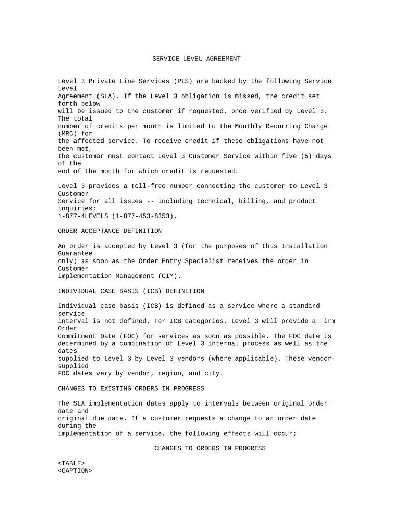 Service Level between Agreement  Form