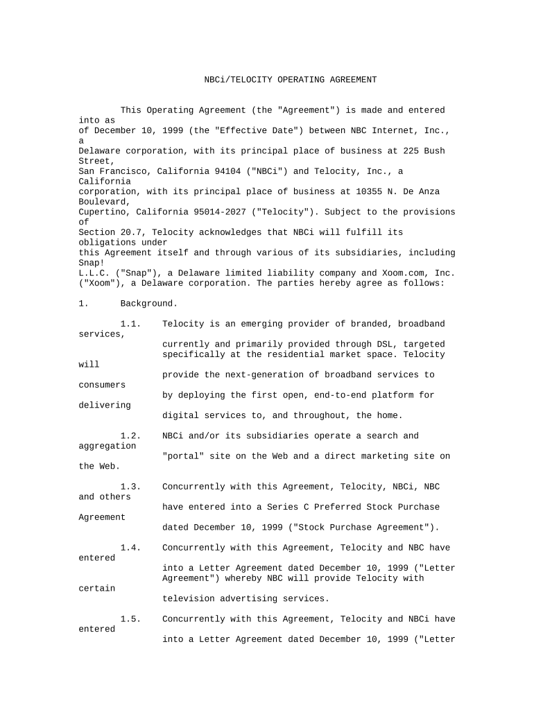 Operating Agreement Inc  Form