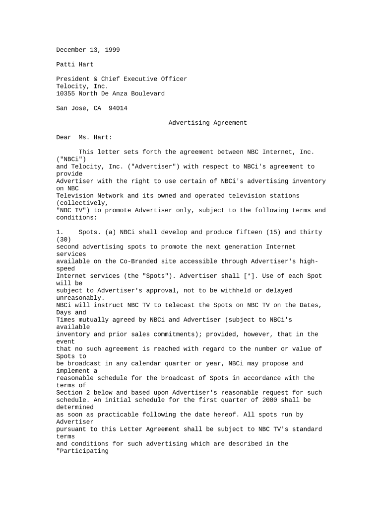 Advertising Agreement between NBC Internet, Inc and Telocity, Inc  Form