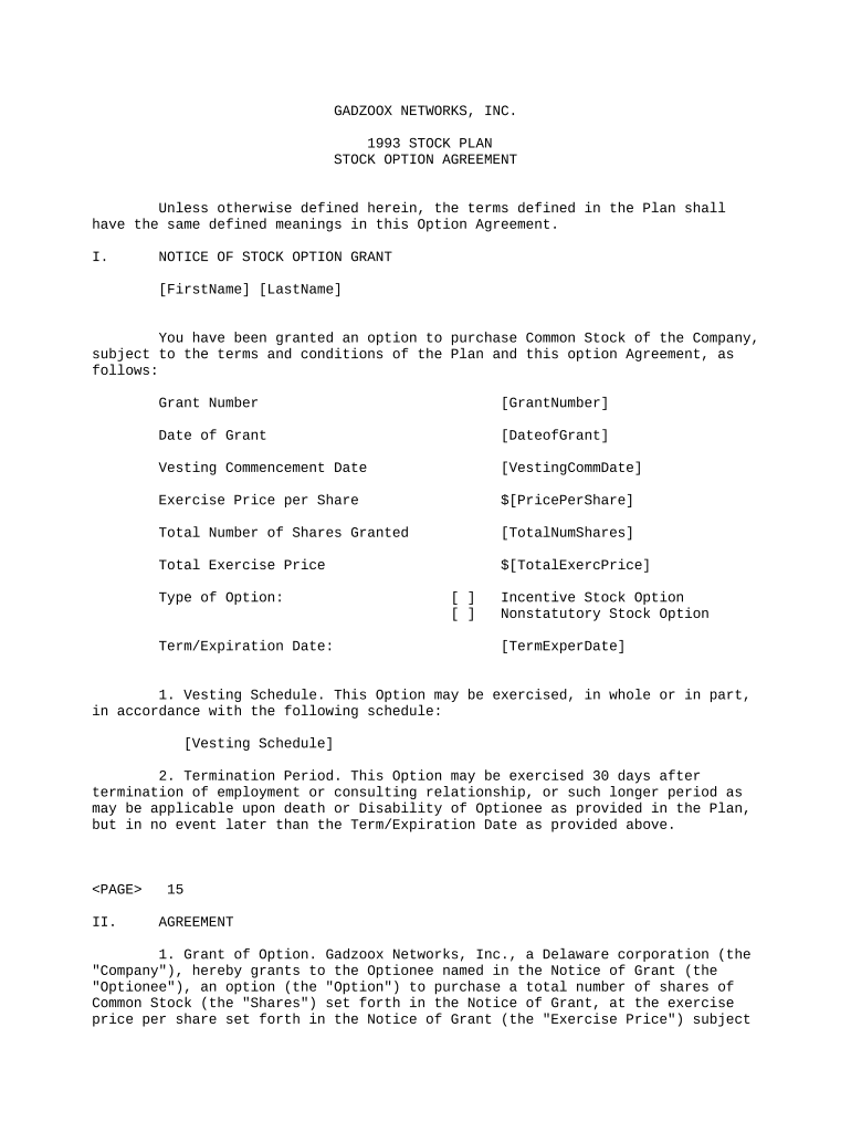 Stock Option Agreement Document  Form