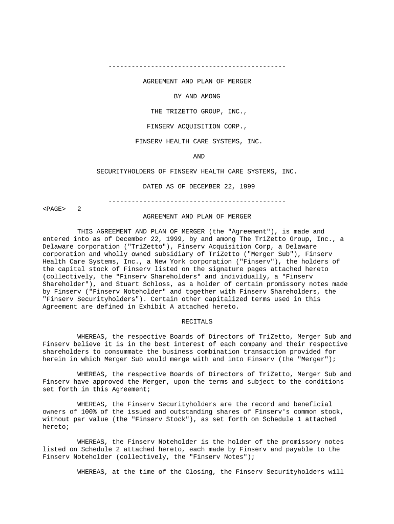 Plan of Merger between the TriZetto Group, Inc , Finserv Acquisition Corp , Finserv Health Care Sys , Inc  Form