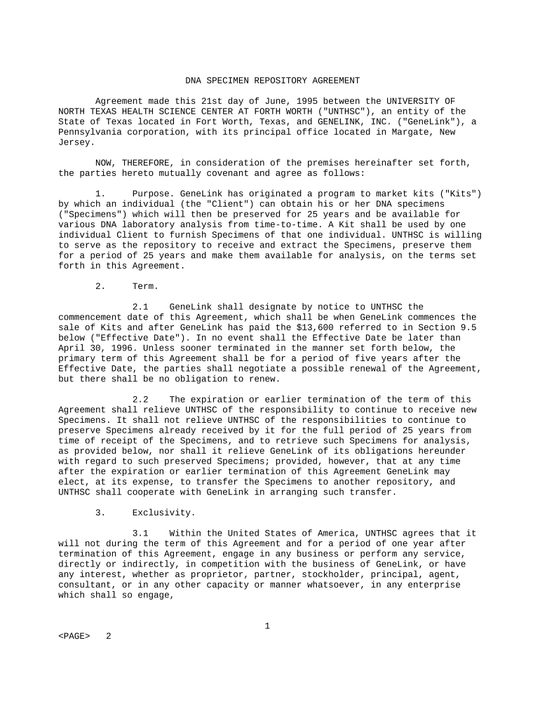 Specimen Repository Agreement  Form