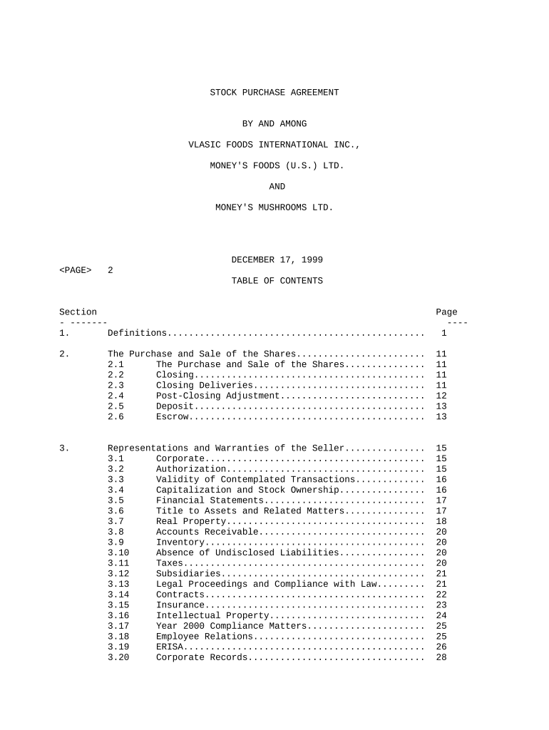 Sample Stock Purchase Agreement Agreement between Vlasic Foods International, Inc , Money's Foods U S Ltd , and Money's Mushroom  Form