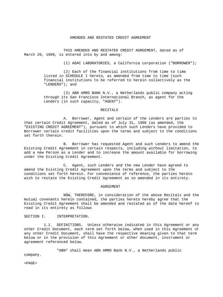 Amended and Restated Credit Agreement between ADAC Laboratories, Various Financial Institution and ABN AMRO Bank  Form