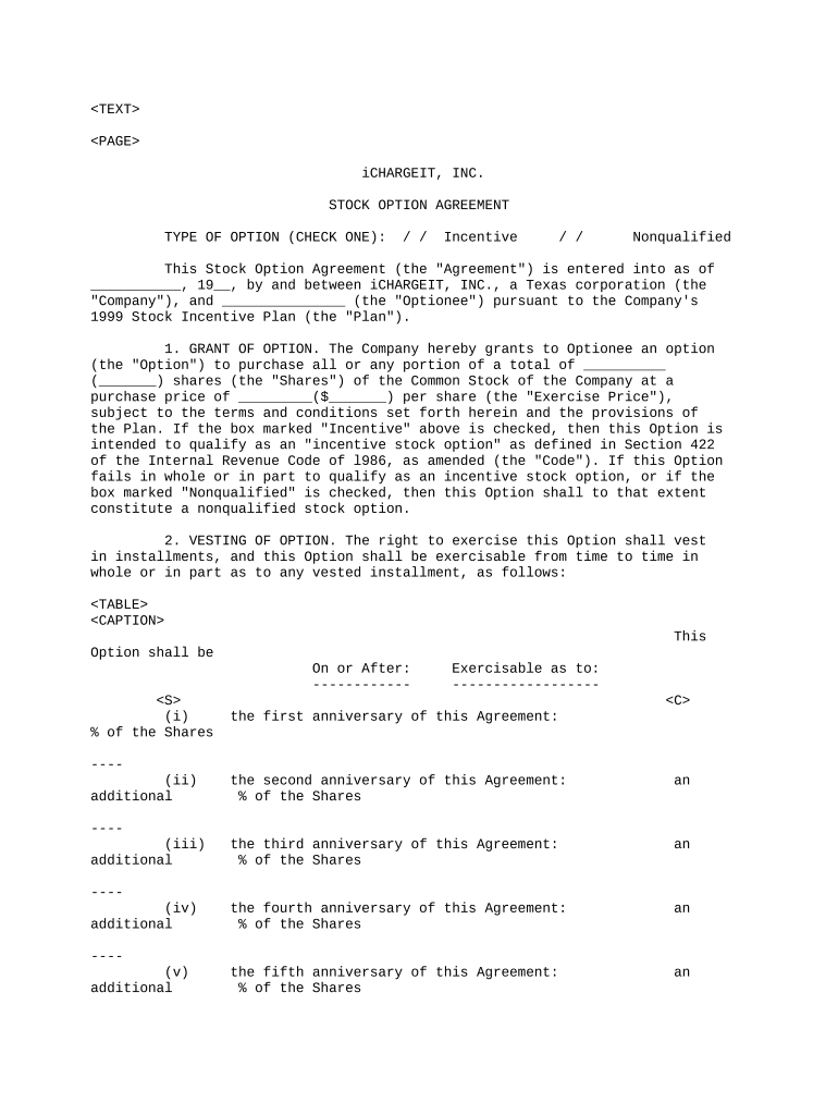Stock Option Agreement of Ichargeit Com, Inc  Form
