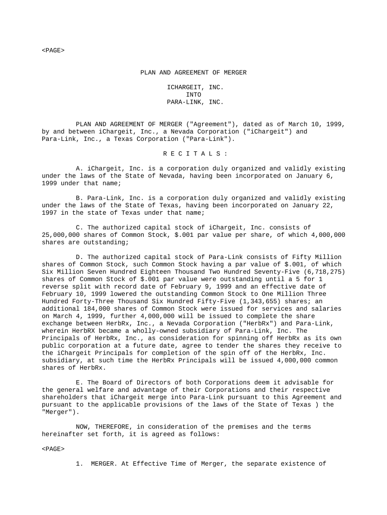 Merger Plan Agreement  Form