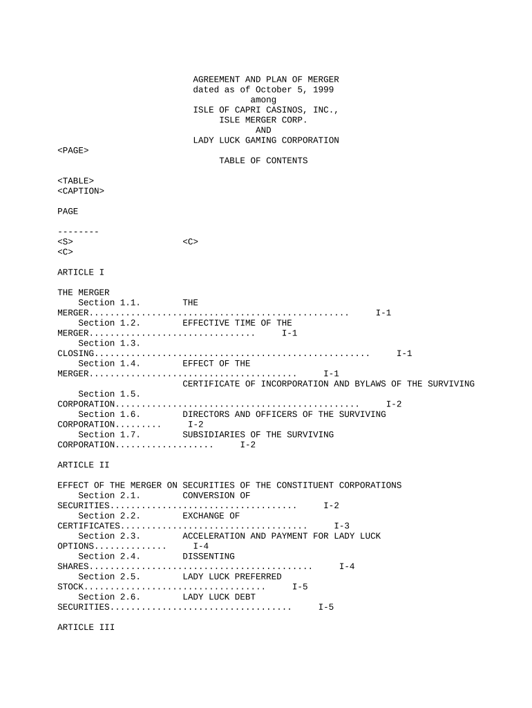 Plan of Merger between Isle of Capri Casinos, Inc , Isle Merger Corporation and Lady Luck Gaming Corporation  Form