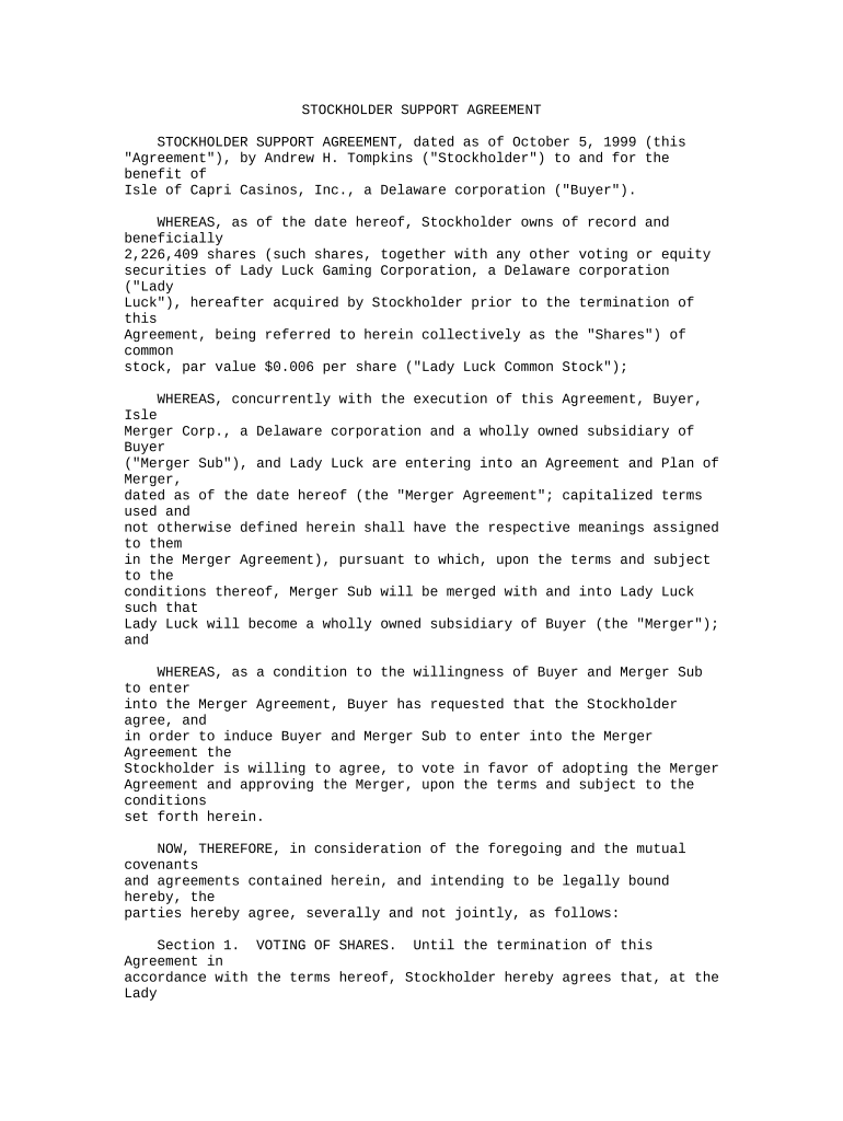 Stockholder Support Agreement  Form