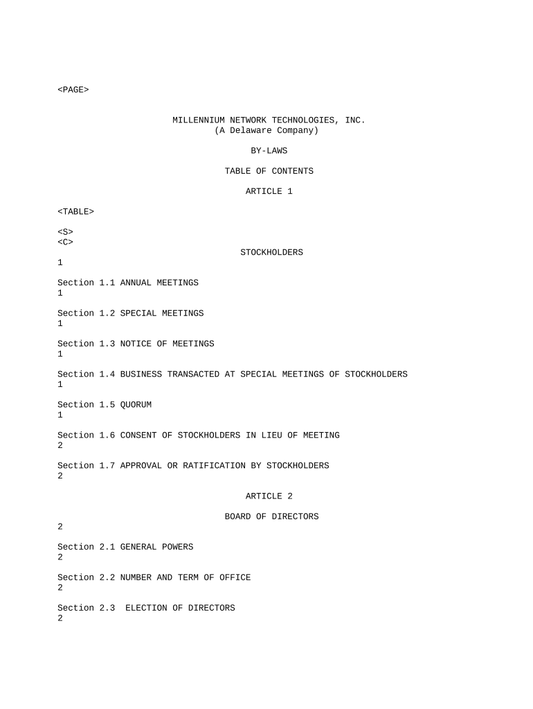 Bylaws of Millennium Network Technologies, Inc  Form