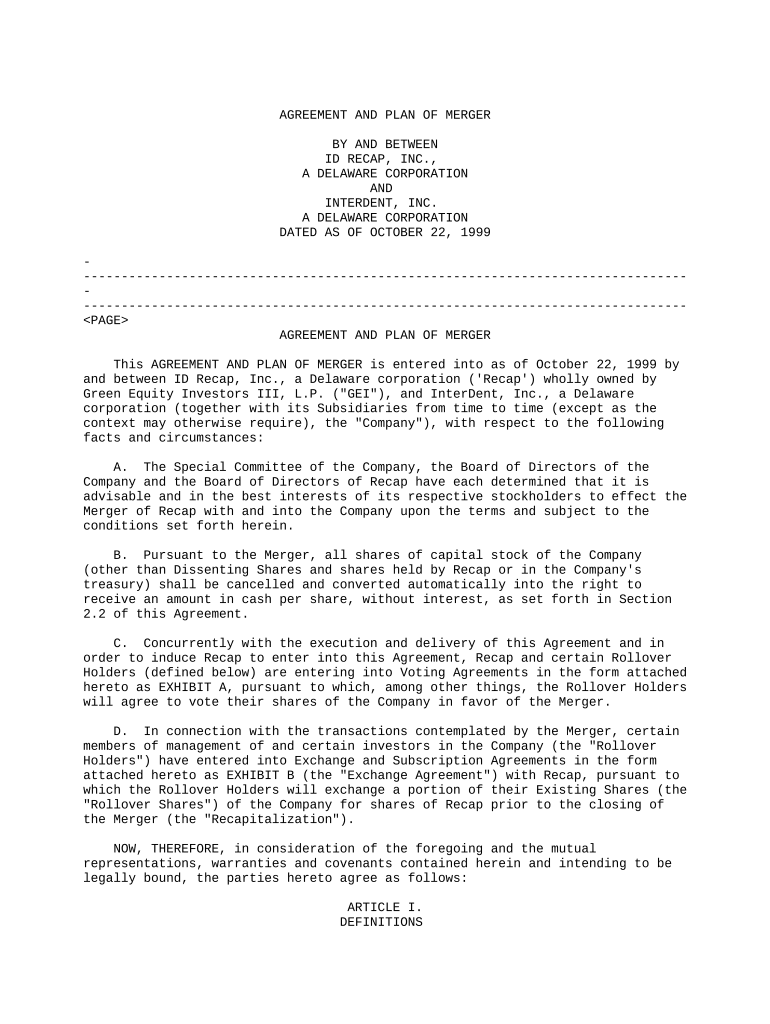 Plan of Merger between ID Recap, Inc and InterDent, Inc  Form