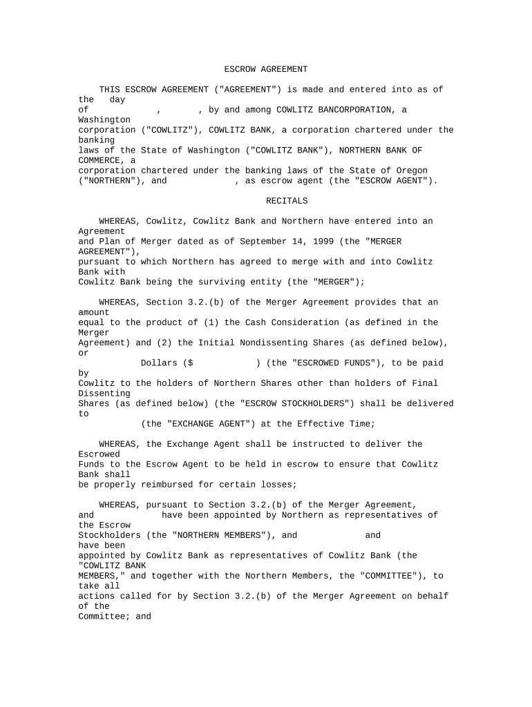 Escrow Agreement Bank  Form