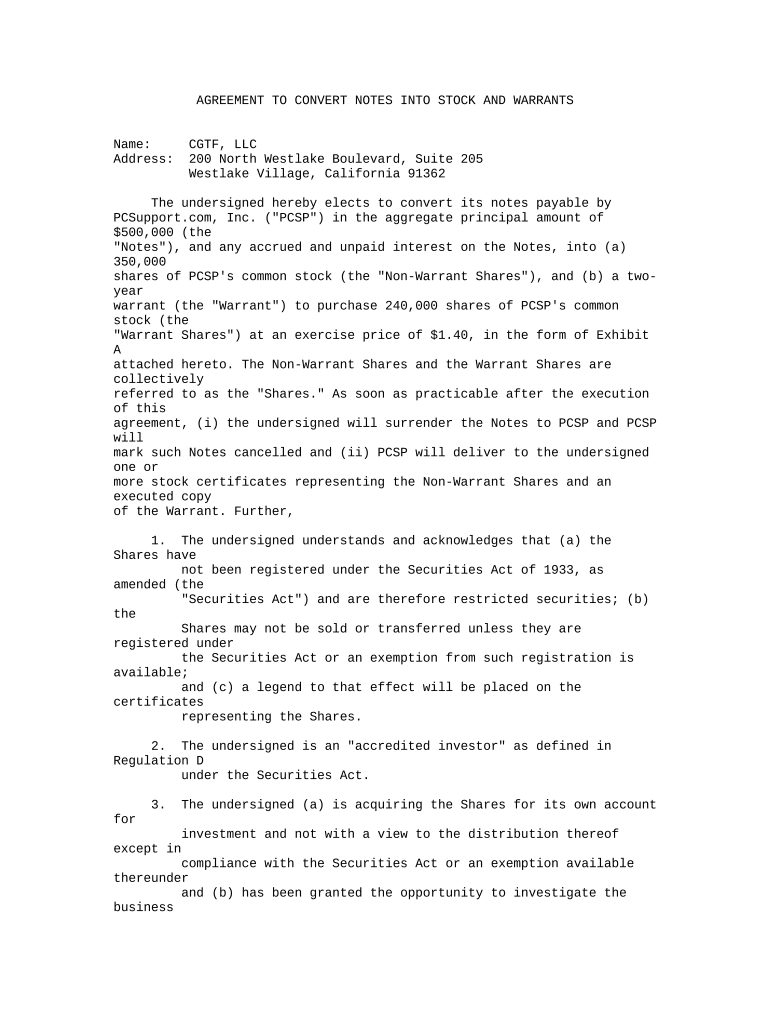 Stock Agreement between PCSupport Com and CGTF, Inc  Form