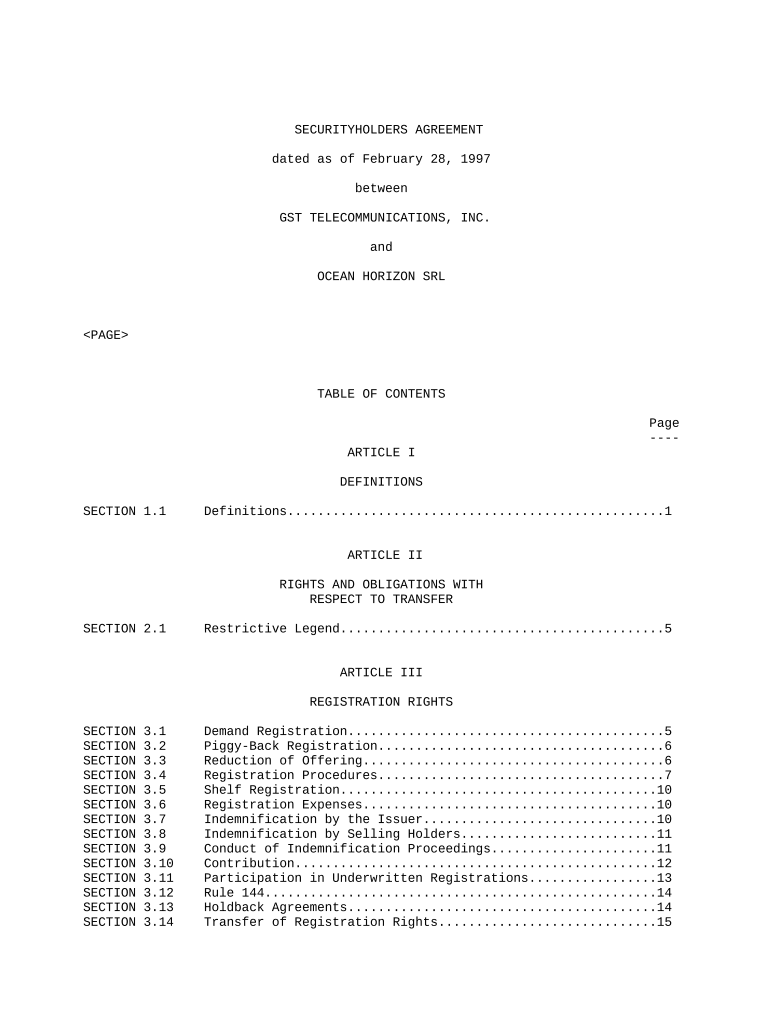 Securityholders Agreement between GST Telecommunications, Inc and Ocean Horizon, SRL  Form