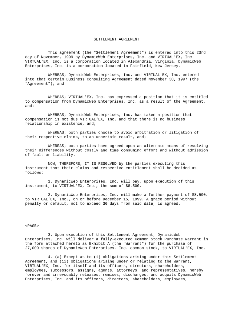 Settlement Agreement Form Sample